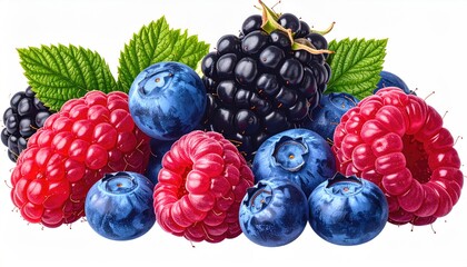 Assorted berries, leaves, and blueberries against a bright white backdrop