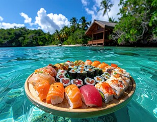 Sushi platter floating in turquoise water before island trees and a wood building