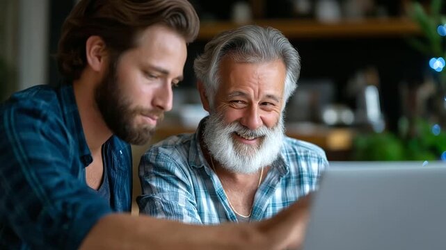 Hipster son and senior father working from home together, intergenerational bonding, two generations with beards, family time during isolation, father's day concept, with copy space