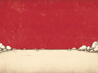 A minimalist landscape illustration featuring a vast sandy area with scattered rocks, under a bold red sky
