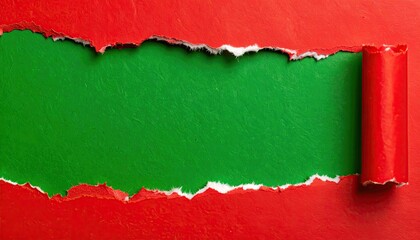 Torn red surface reveals vibrant green beneath, right side rolled