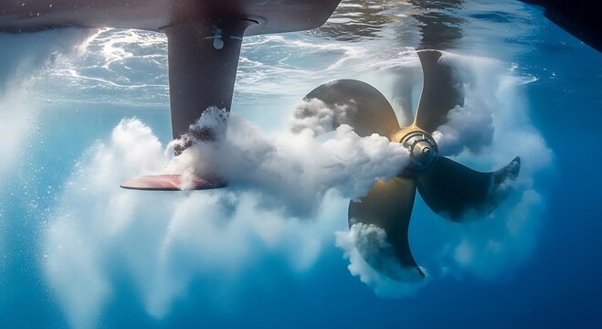Underwater Ship Propeller in Motion, Creating Stunning Air Bubbles and White Water.
