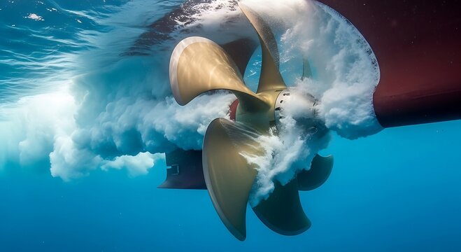 Underwater Ship Propeller in Motion, Generating Powerful Turbulent Waves and Bubbles in Crystal Clear Ocean Water.
