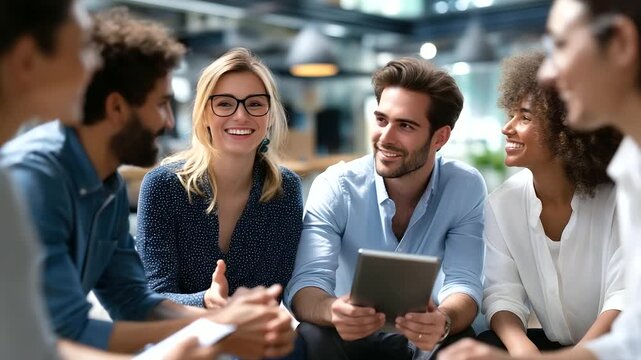 Diverse group meeting in library space, collaborative discussion, modern teamwork environment, professional gathering, engaged participants, knowledge sharing session, with copy space
