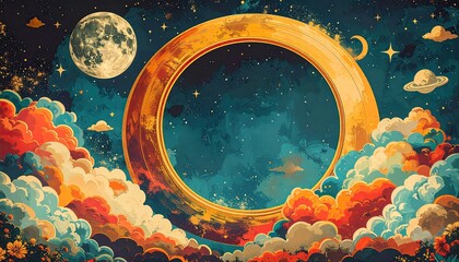 A celestial dreamscape with a golden frame, moon, and colorful clouds