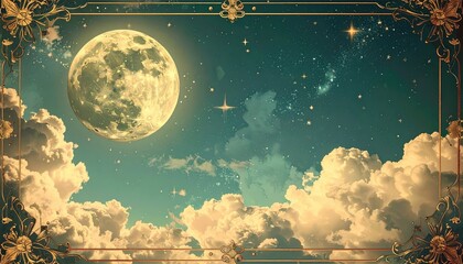 Full moon shines over clouds and stars, framed by ornate gold