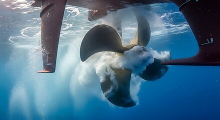 Underwater Ship Propeller, Rotating Blades, Ocean, Turbine, Maritime, Nautical, Vessel, Watercraft, Submerged, Engineering, Technology, Power, Speed, Movement, Blue Water, Bubbles, Aquatic, Marine.