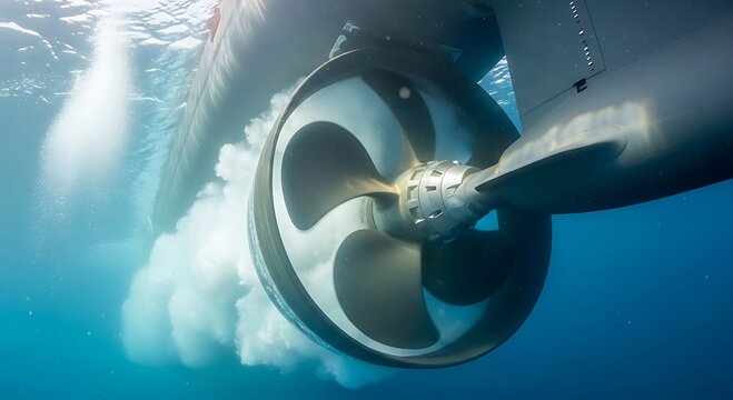 Underwater Ship Propeller Rotating, Creating Air Bubbles in Ocean Water.