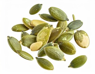 Close-up view of a pile of shelled, vibrant green pumpkin seeds