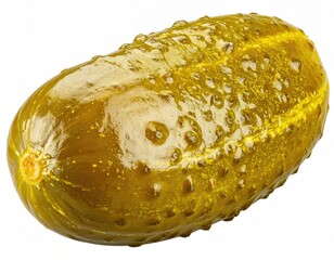 A close-up of a crisp, green pickle, isolated on a white backdrop