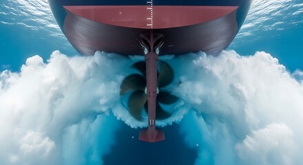 Underwater Ship Propeller View: Powerful Maritime Engine, Stunning Ocean Scene, Cargo Vessel, Transportation.