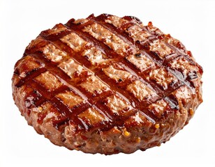Cooked, round meat patty with grill marks, isolated on white