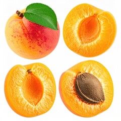Four ripe apricots on white, showing whole, halved and pitted examples