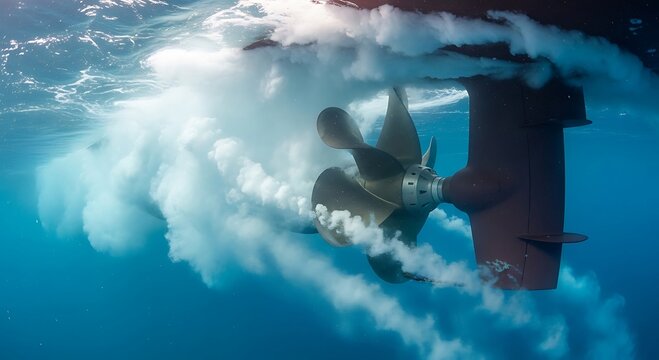 Underwater View of Boat Propeller Churning Water, Creating Whirlpools and Bubbles in Ocean.