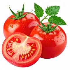 Fresh, ripe tomatoes with vibrant red skin and green leaves