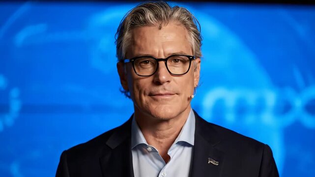 A professional headshot of a mature man with glasses in a dark blazer. He is set against a blue background with a subtle abstract pattern.