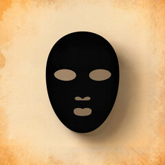 Black silhouette mask with minimal facial features on textured background  