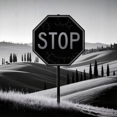Black and white stop sign in rural landscape with hills and trees  