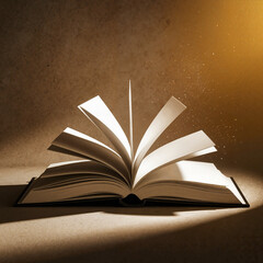 Open book with pages fanned out under warm light background  