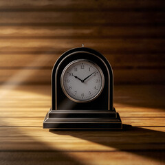 Antique clock on wooden surface with soft light and shadows  