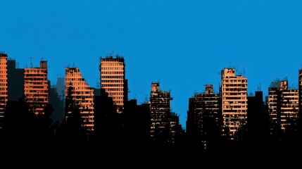 Silhouette of a city skyline at sunset with orange and blue hues.