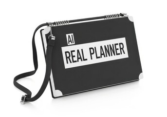 Black planner with 'ai real planner' text and strap isolated object studio shot