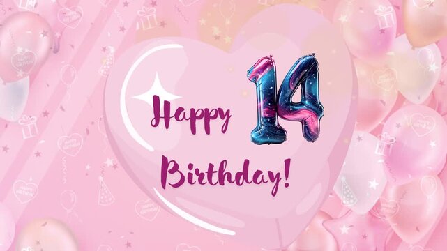 happy 14th birthday greetings on cute pink color scheme animation