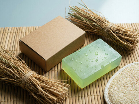Vetiver herbal soap mockup with blank packaging box and roots on bamboo background