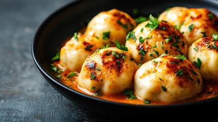 Fototapeta premium An appetizing bowl of golden dumplings garnished with fresh herbs is served in a rich sauce, perfect for showcasing culinary delights from Asian cuisine in a professional setting.