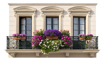 European Style Apartment Balcony with Wrought Iron Railing and Colorful Flower Boxes