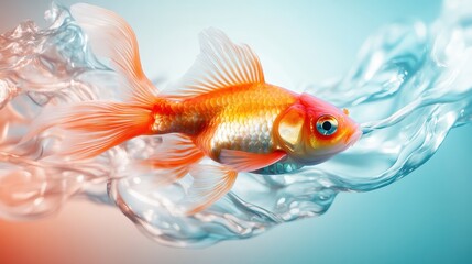 Fototapeta premium A beautifully detailed goldfish glides through crystal clear water, showcasing its bright orange color and flowing fins, creating a dynamic and lively underwater scene.