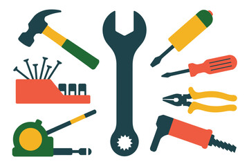 Collection of various hand tools including a wrench, hammer,.