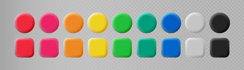 Realistic 3D colorful UI button set. Circle and square shapes  for web and mobile interface design, navigation menu, badge, pin. Vector emblems