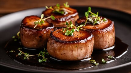 Juicy and perfectly seared scallops presented on a sleek black plate, garnished with microgreens, showcasing a delicious and gourmet culinary experience.