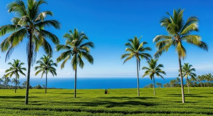 Fototapeta premium Tropical landscape with palm trees and green fields overlooking the ocean.