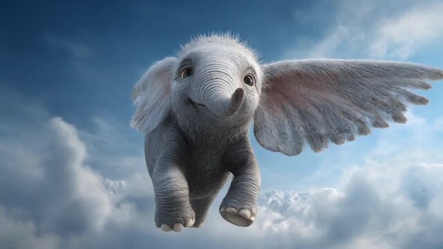 Majestic grayish baby elephant with broad wings glides through a bright blue sky above wispy clouds