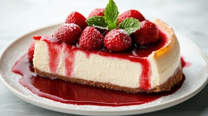 A slice of cheesecake sits elegantly on a plate, drizzled with vibrant strawberry sauce and adorned with fresh strawberries. This dessert embodies indulgence and culinary artistry.