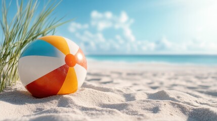 A vibrant beach ball lies playfully on the soft sand, capturing the essence of summer fun. The azure sea and bright sunlight create an inviting atmosphere perfect for beach activities.
