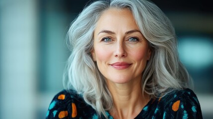 An uplifting portrait of a woman with beautiful gray hair, flashing a warm smile that radiates positivity and wisdom, capturing the essence of beauty at any age.