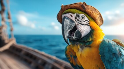 A vividly colored parrot dons a pirate hat aboard a ship against a beautiful ocean backdrop, showcasing playful character and a whimsical nautical theme.