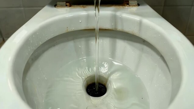 Detailed 4K interior close up of water flowing from toilet tank into the bowl drain illustrating plumbing leakage 