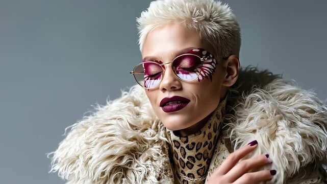 A woman with a white fur coat and sunglasses