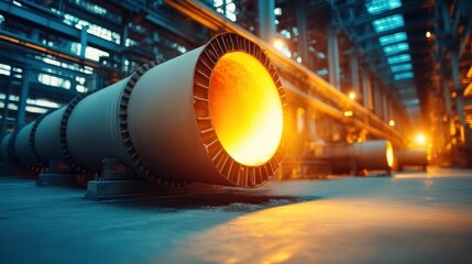 An industrial furnace emitting a warm glow, capturing the essence of manufacturing and energy, emphasizing the power and intensity of the production process.
