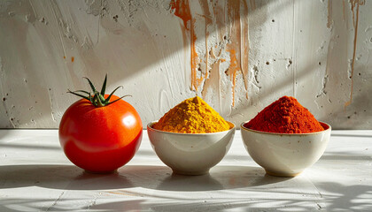 Tomato and bowls containing turmeric and chili powder on surface. Sunlight and shadow patterns on wall for food styling, culinary industry marketing, and kitchen lifestyle imagery.