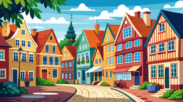 Very beautiful panoramic street view of colorful traditional houses in Haderslev, Denmark, creating a charming Scandinavian town atmosphere with cozy architecture and peaceful everyday life.