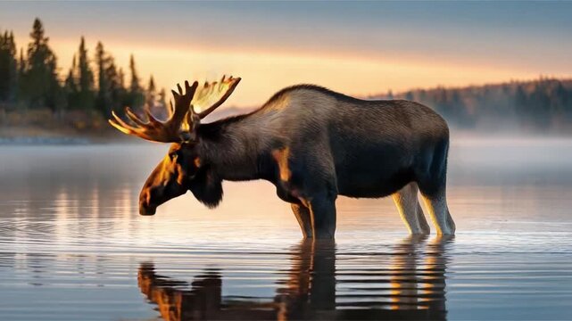 Majestic Moose at Dawn: A solitary moose stands elegantly in the calm waters of a lake, its massive antlers silhouetted against the soft hues of a breathtaking dawn.