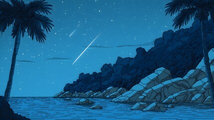 Cartoon Illustration of a serene night beach scene with shooting stars, palm trees, and rocky shoreline under a starry sky.