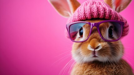Obraz premium An adorable rabbit dressed in a pink hat and glasses, exuding charm and playfulness, making it a delightful image for animal lovers and whimsical art enthusiasts alike.