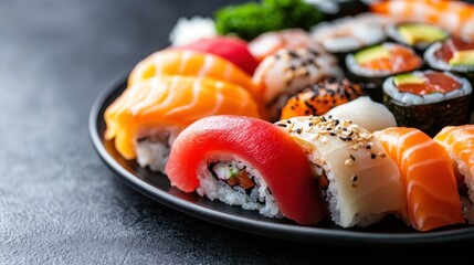 An exquisite platter of assorted sushi, featuring vibrant colors and textures, artfully arranged to tantalize the taste buds and showcase culinary artistry.