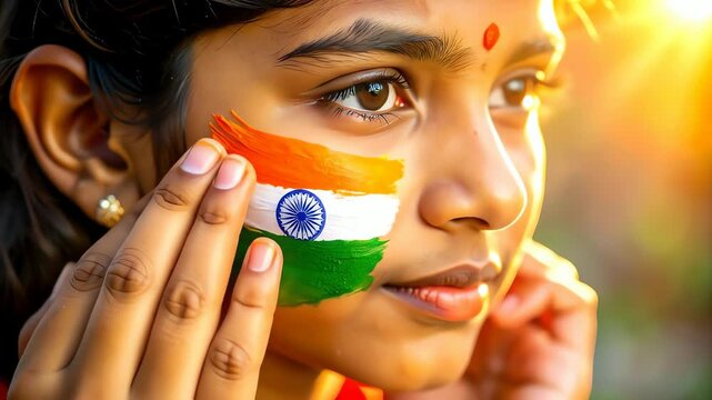 Young Indian girl with flag painted on her cheek celebrating national holiday.